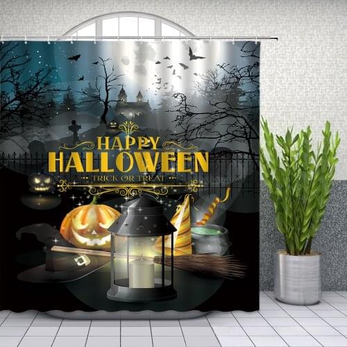 Halloween Shower Curtains Evil Pumpkin Lantern Witch Hat Broom Horror Night Holiday Bathroom Decor Polyester Fabric Curtain Set