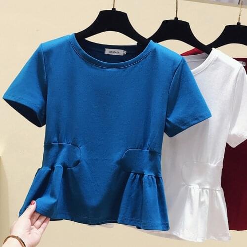 Gkfnmt 2021 Short Sleeve T Shirt Women Top White Summer Cotton T-shirt Women Ruffle Tee Shirt Femme Blue White Red