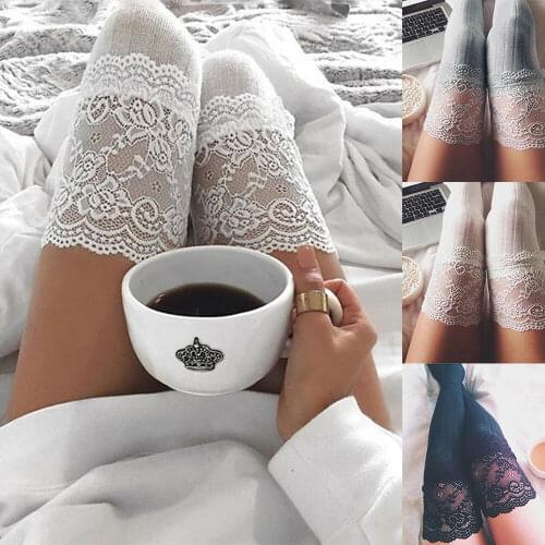 Hot sale white Lace Floral Pattern Patchwork Women High Over The Knee Plain Long Plain Thick Thigh Stretch Adult Stocking