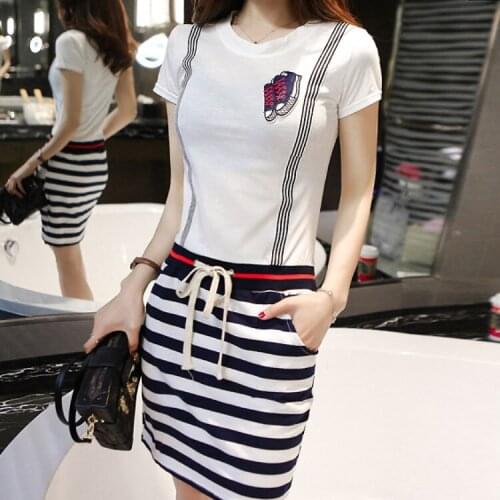 2020 strap short-sleeved summer student cotton striped casual sports suit drawstring slimming dress
