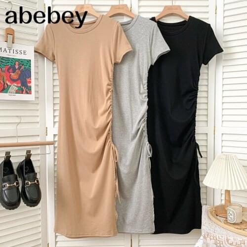Fashion versatile O-neck short sleeve Dress drawstring pleated solid split mid-length Dress 2021 New Summer Women