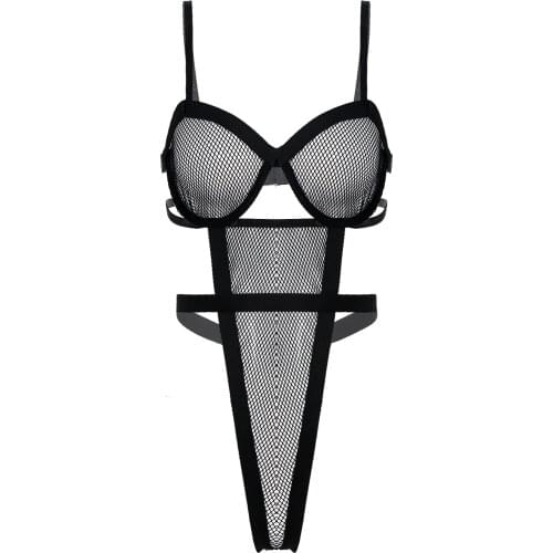 Plus Size Mesh Bodysuit Women See-Through Exotic High Cut Nightwear Adjustable Straps Hollow Out Fishnet Underwire Cup Leotard