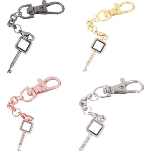 1pcs Big Key square with crystal Alloy Floating charm Locket Keychain with Lobster clasp DIY twist memory Glass locket Key chain