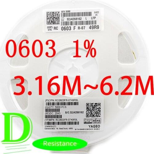 100PCS SMD Resistor RC Series 0603 1% RC0603FR-07 Series 3.16M-6.2M All resistors 3.3M 3.6M 3.9M 4.3M 4.7M 5.1M 5.6M 6.2M