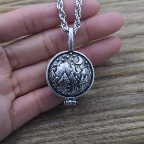 12pcs Engraved With Mountain Moon Forest Locket Necklace Outdoor Travel Jewelry