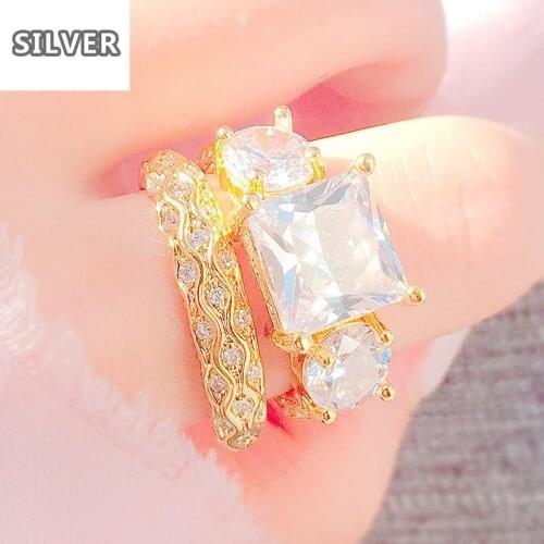 2 colors 2/pcs a set Ladies' zircon rings,Gold and silver platinum Large square diamond Engagement anniversary ring size 5-12