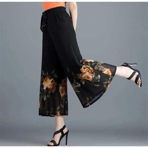 2021 New Women Summer Thin High Elastic Waisted Wide Leg Pants Female Casual Chiffon Printed Skirts Trousers Plus Size 4XL W2357
