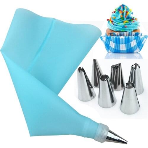 8Pcs/Set Silicone Kitchen Accessories Icing Piping Cream Pastry Bag 6 Stainless Steel Nozzle Set DIY Cake Decorating Tips Set