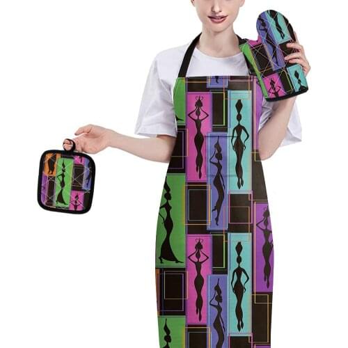 African Tribe Women Art Pattern 3pcs Set Heat Resistant Gloves Mats and Apron Creative Skid Oven Grill Mitts Home Cook Baking