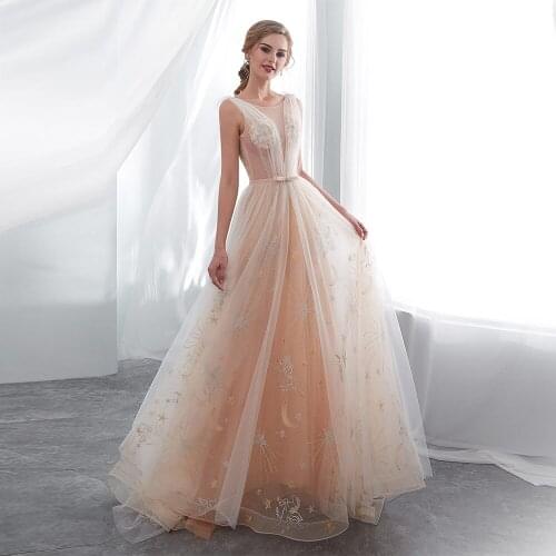 Alagirls 2020 Charming Lace Embroidery Wedding Dresses Sexy V-Neck Tulle Bridal Dress Champagne Wedding Gown vestidos de noiva