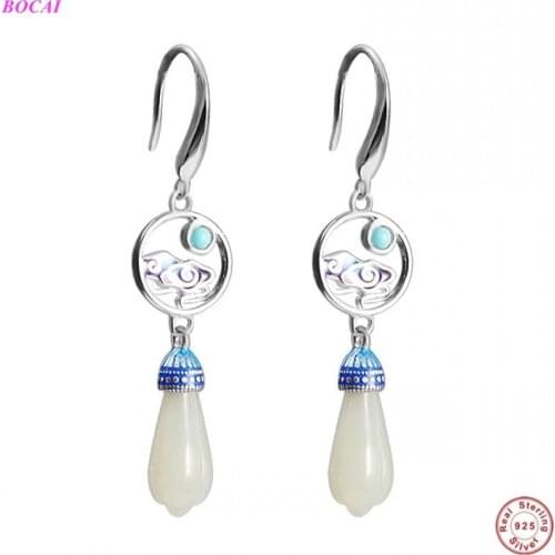 BOCAI S925 Sterling silver ear drop 2020 new fashion female jewelry blue jade Hetian white jade Thai silver earrings for women