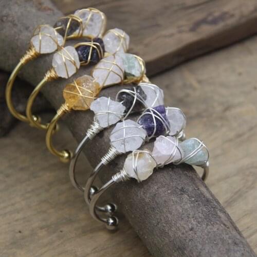 Raw Crystal Quartz Nugget Beads Open Cuff Bangles Brass Wire Wrap Gems Stone Amethysts Fashion Women Bracelet Jewelry QC2012
