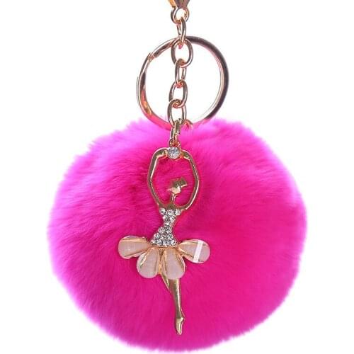 8cm Artificial Rabbit Fur Ball Keychain Women Fashion Jewelry Gifts Crystal Dancing Girl Key Chain Key Holder Ring