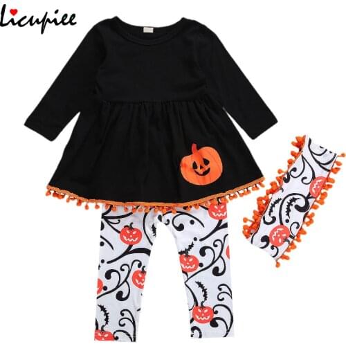 3 Pcs Infant Halloween Outfits, Toddler Long Sleeve Round Neck Skirt-like Top + Pumpkin Print Trousers + Neck Gaiter 1-6 Years
