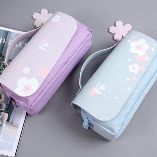 Cute Sakura Double Zipper Pencil Bag PU Pen Case Kawaii Stationery Ruler For School Girls Holder Gift Box