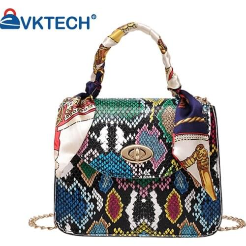 Fashion Women Snake Pattern PU Leather Silk Scarf Shoulder Crossbody Messenger Bag Casual Ladies Chain Mini Purse Handbags