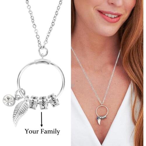 Custom Stainless Steel Bead Pendant Necklace Bohemia Leaf and 12 Months Birthday Birthstone Necklace Personalized 1-7 Name Beads