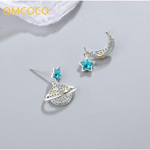 QMCOCO 925 Silver Punk Hip-Hop Design Star Moon Cosmic Stud Earrings Woman Trend Exquisite Zircon Personality Earrings For Girl