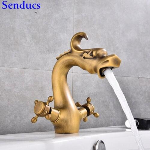 Senducs Dual Handle Antique Bathroom Basin Faucet Quality Brass Bathtub Faucet Hot Cold Water Tap Dragon Antique Basin Faucet