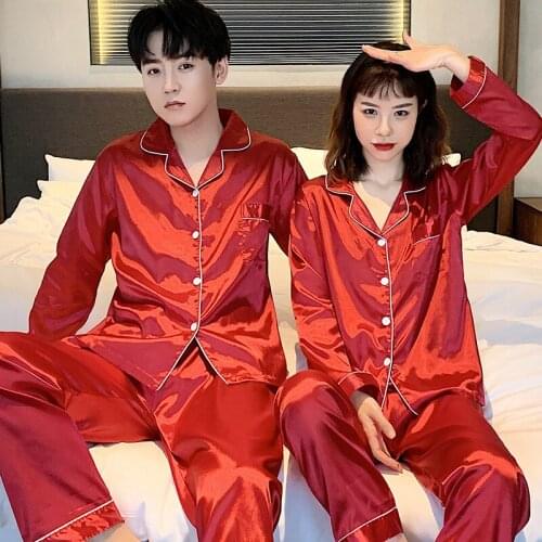 Silk Couples Pajamas Set Long Sleeve Soft Solid Shiny Pajama Women Oversized Mens Sleepwear Nightgown Spring Home Clothing