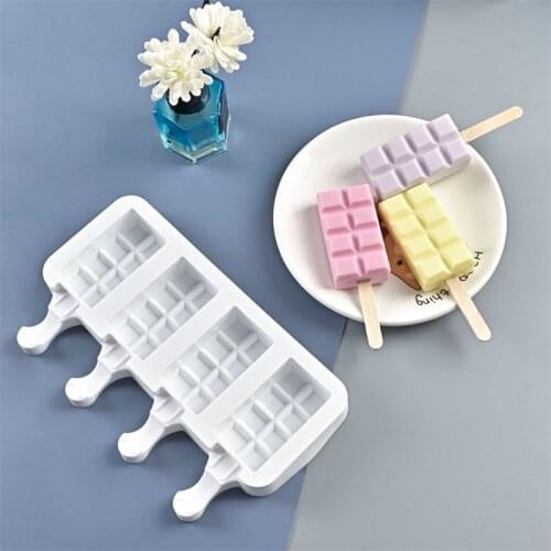 4 Cavity Grid Ice Cream Mould With Wooden Sticks DIY Handmade Chocolate Popsicle Silicone Mold Cake Decorating Tool Bakeware