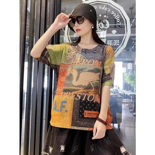 Thin Multi-color Hollow Out Graffiti Tops Women Nice Short Sleeve Kawaii Sweater Womens Clothing