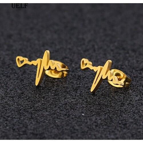 Uelf Fashion Gold Heartbeat Stud Earrings ECG Medical Stainless Steel Jewelry For Nurse Doctor Cute Women Earrings bijoux