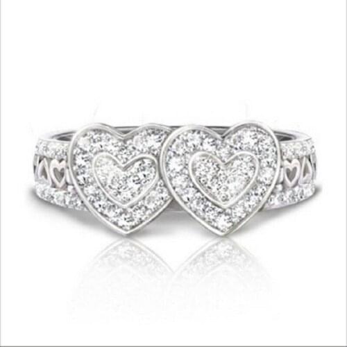 European and American Style Double Heart Love Inlaid White Zirconia Crystal Female Ring for Women Party Wedding Jewelry