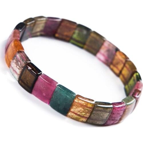 Colorful Genuine Natural Tourmaline Quartz Crystal Bracelets Women Lady Stretch Rectangle Bead Bangle Bracelet AAAA