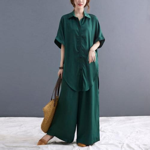 50-90KG Women Clothing Two Piece Set Pure Color Lapel Short Sleeve Top + Elastic Waist Trousers Casual Loose Fashion Suit Female