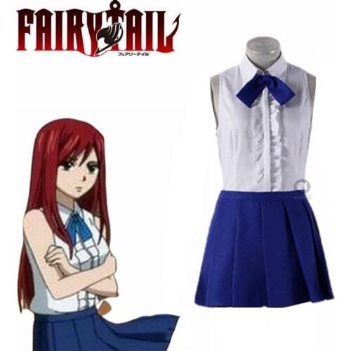 Animal Fairy Tail Cosplay Costumes Erza Scarlet White Shirt And Blue Skirt Cosplay Set Clothing For Women Halloween Party Dress
