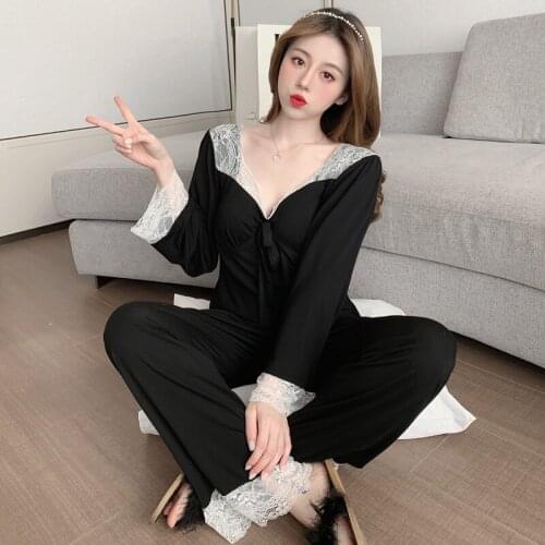 Women Lace Trim 2PCS Pajamas Sets Bride Modal Pyjamas Suit Lounge Home Wear Sexy Dreep V-Neck Sleepwear Summer Nightwear