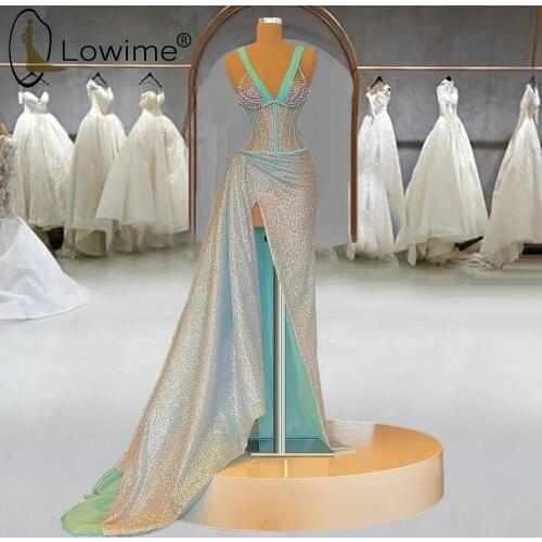 Light Blue Long Mermaid Evening Dresses 2021 Sexy High Slit Pearls Deep V Neck Sequin Party Gowns for Weddings Rrobes De Soirée