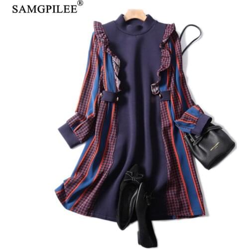 Winter Dresses For Women Party 2021 Office Lady A-line Patchwork Full Sleeve Ruffles Empire O-neck Plus Size Winter Dress Woman