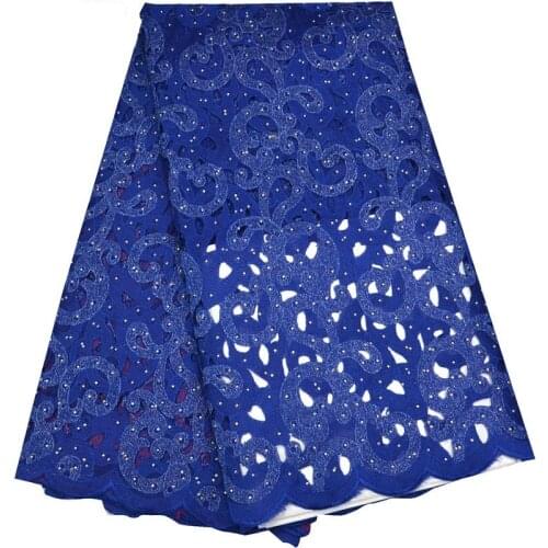 5yards/pc) hihg quality African cotton lace fabric blue soft Swiss voile lace fabric with hot fixed stones for party dress OP43