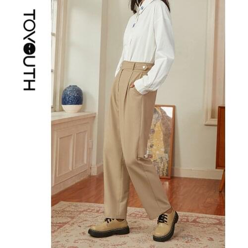 Toyouth Women Pants 2021 Autumn Winter Adjustable Mid Waist Straight Leg Pants Solid Apricot Casual Business Style Trousers