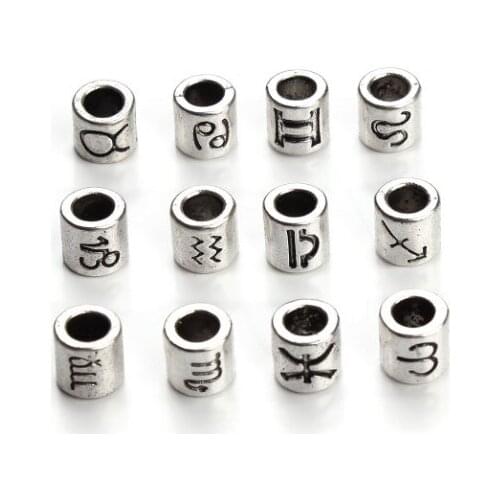 60pcs/lot 7mm 12 constellations big hole Metal Alloy Spacer Beads Hole Flat Buddha Beads For DIY bracelet Jewelry Making