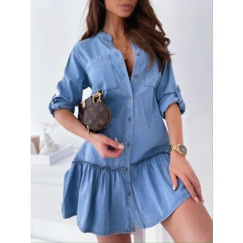 Cutubly Long Sleeve Denim Dresses For Women Casual Solid Sexy Lace Up Dresses Stitching Lotus Leaf Mid Waist Tshirt Dresses