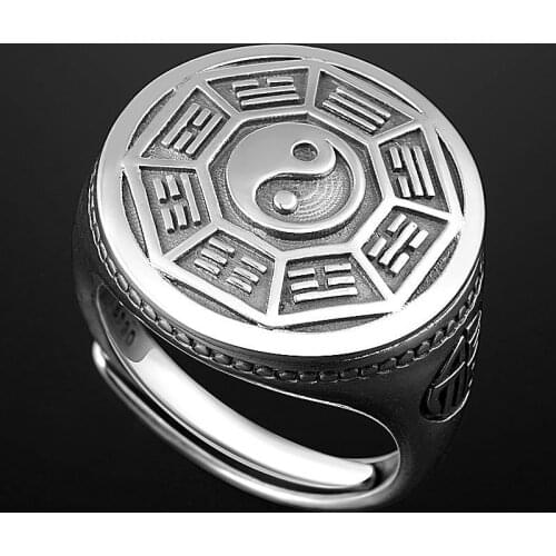 Designer original new opening adjustable ring retro Thai silver Taoist Tai Chi gossip personality mens jewelry