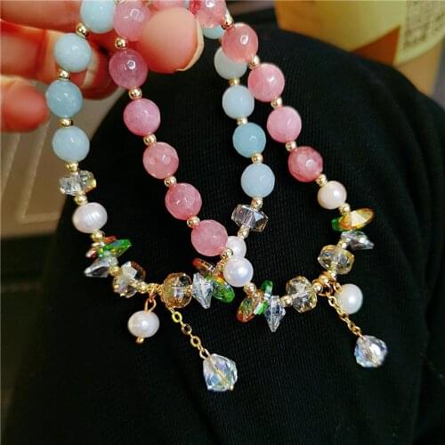 Fresh style Crystal Pearl tassel Bracelets advanced sense stitching elastic natural stone bracelet on hand