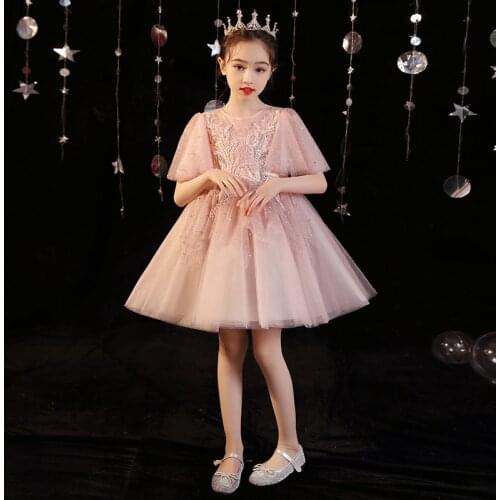 3~13Years Old Kids Baby Elegant Pink Color Handmade Beaded Embroidery Flowers Wedding Party Birthday Evening Ceremony Prom Dress