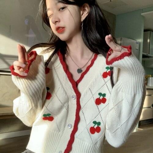 Lucyever Autumn Cherry Embroidered Cardigan Women 2021 V Neck Knit Cropped Sweaters Tops Woman Puff Sleeve Sweater with Buttons