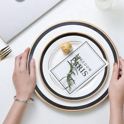 Golden Stroke Ceramic Plate Western Steak Pasta Dish Bone China Fruit Salad Plates Breakfast Cake Dishes Home Kitchen Tableware