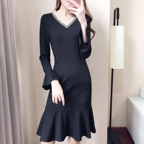 KMETRAM Spring Autumn Knitted Dress Women Dresses Vintage Bodycon Ruffle Women Dress Black Mini Elegant Dress Vestidos MY5325