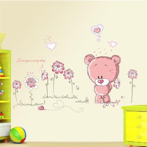 Lovely Pink Bear With Flowers Wall Stickers Home Decoration Diy Cartoon Animals PVC Mural Art Kids Room Decorative Decals