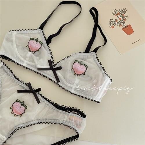 Wriufred Embroidered "Peach in the World" Pure Desire Net Yarn Lingerie Panty Sexy Sweet Underwear Set Wirefree Women Bralette