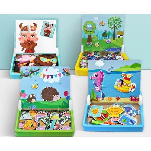 Early childhood enlightenment magnetic stickers puzzle wooden childrens fun cartoon tabletop game spelling toys for kids gifts