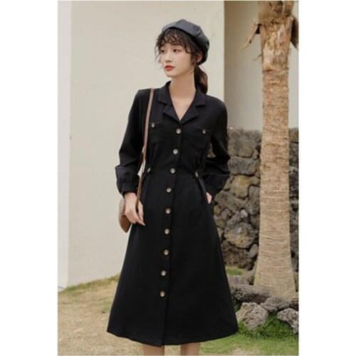 Fashion new dress spring autumn medium-length slim long-sleeved single-breasted suit collar black atmosphere wild Vestidos D300