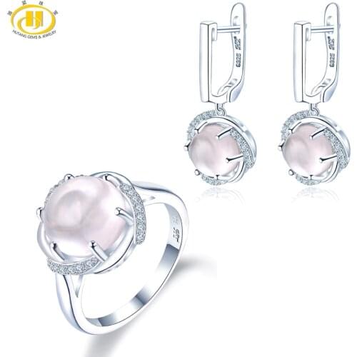 Hutang 8.93ct Ice Rose Quartz Jewelry Sets 925 Silver Elegant Clip Earrings Ring Natural Gemstone for Women Valentines Gift NEW