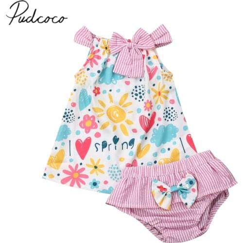 2019 Brand New Infant Summer 2Pcs Clothes Newborn Toddler Baby Girls Floral Outfits Cotton Tops Dress+ PP Striped Shorts Sets